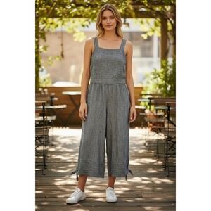 Beachlunchlounge Linen Blend Pinstripe Wide Leg Crop Jumpsuit Blue White XL NEW